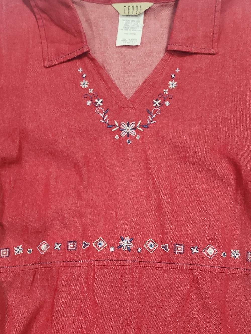 Vintage Teddi Red Denim Darlin Embroidered Short Sleeve Dress Rare Midi NWT - Picture 2 of 9
